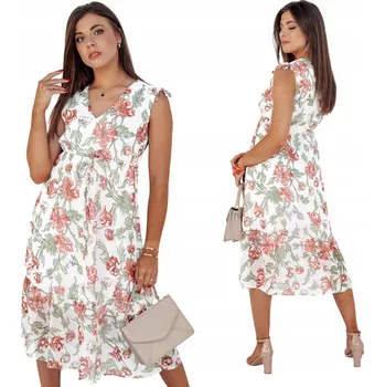 Dámské šaty ŠATY ROZŠÍŘENÉ MIDI S KVĚTINOVÝM VZOREM BÍLÉ EY2512 - S