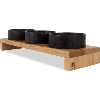 Miska pro psa Svět Tlapky Stojan na 3 keramické misky pro psa GASTON MONO Dřevina nebo odstín: Dub červený (dřevo), Výška stojánku včetně misek: 11cm (malé plemeno), Průměr miska (rozměr): miska 13cm (48 x 18cm)