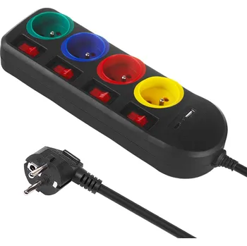 Prodlužovací kabel Napájecí lišta Maclean, prodlužovací kabel se 4 zásuvkami + USB A/C, s přepínači, 250VAC/10A, 1,5 m, černá, MCE508 B