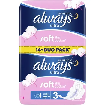 Menstruační vložka Noční vložky Always Sensitive s křidélky, velikost 3, 14 kusů