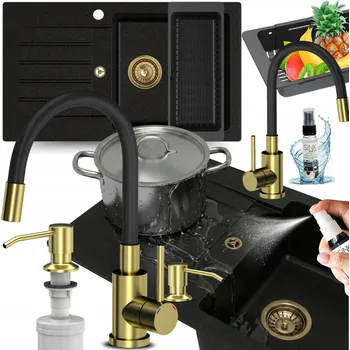 Granitový dřez DŘEZ granitový JEDNOKOMOROVÝ S ODKAPÁVAČEM ČERNÝ se ZLATÝMI TŘPYTKAMI 10v1