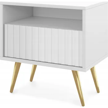 Noční stolek Noční stolek Bello s zásuvkou s lamelovým čelem, bílá barva se zlatými nohami