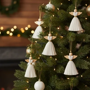 Vánoční dekorace Vánoční macramé andílek – béžovozlatý pásek