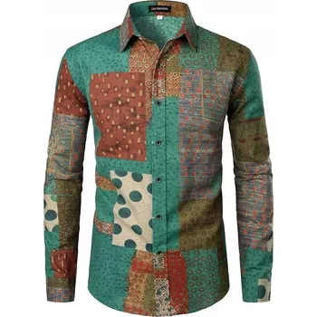 Pánská košile Pánská Lněná Košile s Africkým Vzorem Zelená Dlouhý Rukáv Velikost M