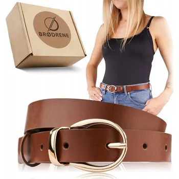 Opasek Dámský Široký Hnědý Kožený Opasek ke kalhotám se Zlatou Sponou Brodrene