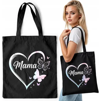 Černá bavlněná nákupní taška – MÁMA MOTÝLCI SRDCE RÁZNĚ