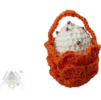 Velikonoční dekorace Dubový skřítek Háčkovaný mini košíček s vajíčkem oranžový– jemná velikonoční ozdoba