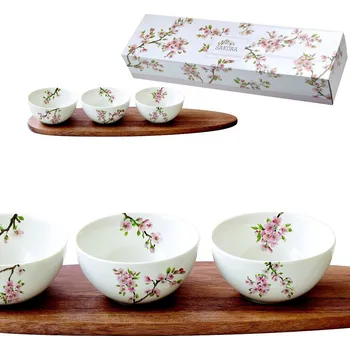 Easy Life, Itálie Easy Life - Porcelánová sada tří misek SAKURA na akátovém prkénku v dárkové krabičce - 3* 170 ml