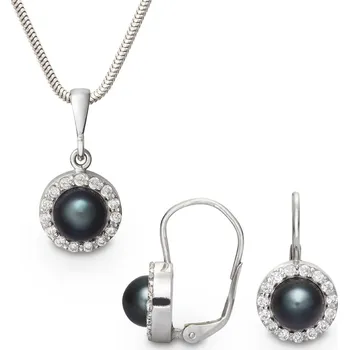 Souprava šperků Souprava náušnic a přívěšku z bílého zlata s černými perlami a zirkony 438.90