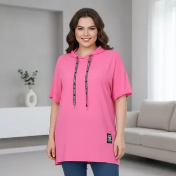 Dámská tunika Italská móda - Dámská růžová tunika s kapucí pro plnoštíhlé univerzální velikost XL - XXXL O1653