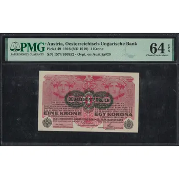 Rakousko – 1 koruna, přetisk Deutschösterreich 1916 (ND 1919), PMG 64 EPQ