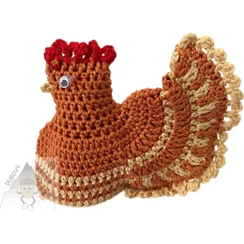 Velikonoční dekorace Dubový skřítek Velikonoční háčkovaná slepička hnědo žlutá– stylová ozdoba na vajíčko