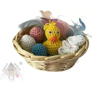 Velikonoční dekorace Dubový skřítek Proutěný košík plný jara – vajíčka, kuřátko a barevné peří