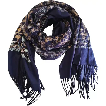 Šátek Dámská kašmírová šála s vyšívanými květinami DF4170 navy velikost uni