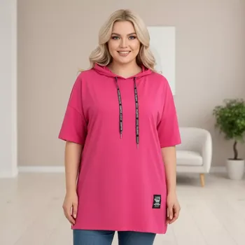 Dámská tunika Italská móda - Dámská růžová tunika s kapucí pro plnoštíhlé univerzální velikost XL - XXXL O1651