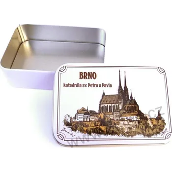 Dóza na potraviny BRNO PETROV zlatá plechová dóza 2636 perokresba katedrály sv. Petra a Pavla
