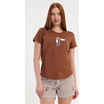 Dámské oblečení Vienetta Dámské pyžamo šortky Bear: hnědá S