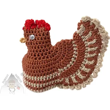 Velikonoční dekorace Dubový skřítek Velikonoční háčkovaná slepička hnědo béžová– stylová ozdoba na vajíčko