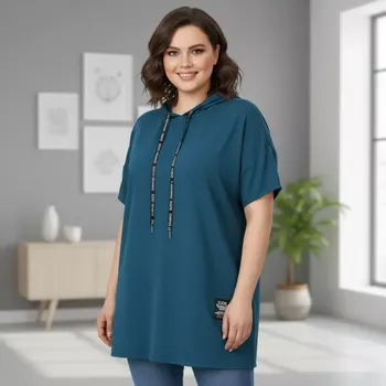 Dámská tunika Italská móda - Dámská petrol tunika s kapucí pro plnoštíhlé univerzální velikost XL - XXXL O1650