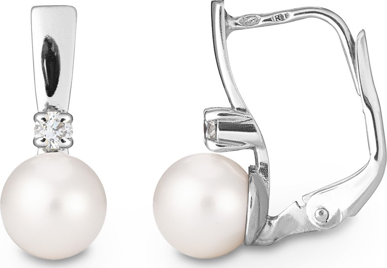 Náušnice z bílého zlata s bílými perlami a laboratorními diamanty