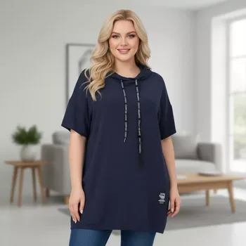 Dámská tunika Italská móda - Dámská tmavě modrá tunika s kapucí pro plnoštíhlé univerzální velikost XL - XXXL O1648