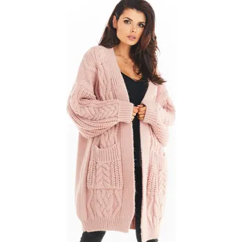 Dámský svetr Dlouhý, silný kardigan s kapsami a širokými rukávy A393 Barva: Růžová, Velikost: ONE SIZE