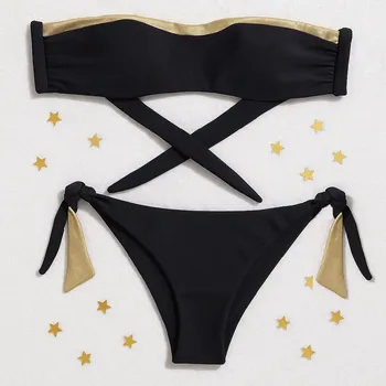 Dámské plavky Černé dvoudílné dámské bardot plavky brazilky bokovky Sparkle*Me 2026 se zlatými mašlemi Velikost: Large/ExtraLarge S-XL, Luxusní lesklá plavkovina, Dárek