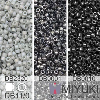 Korálek Korálky Miyuki Delica 11/0. Barevné variace č.1 DB2320, DB001, DB0010. Balení 3x5g