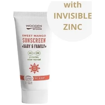 Přípravek na opalování Minerální opalovací krém na tělo a obličej Mango Baby & Family SPF50 Wooden Spoon mini 10ml vzorek