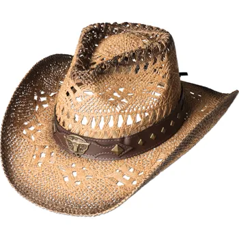 Klobouk Béžový slaměný western klobouk - Stars and Stripes - Sunset Velikost: 55 cm (S)