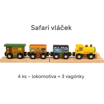 Vláček a vláčkodráha Dřevěná vláčkodráha – Safari vláček (lokomotiva + 3 vagónky)