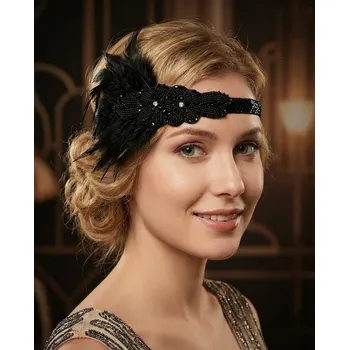 Souprava šperků B-TOP Luxusní černá čelenka do vlasů s kamínky a peřím ve vintage stylu