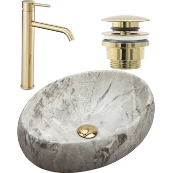 Umyvadlo Rea Sada Linda Kámen/mramor + vysoká baterie Lungo zlatá + univerzální zlatá výpusť