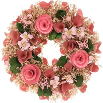 Floristika Autronic Věnec slaměný - pr. 25 cm, mini vajíčka a růžové květy, sada 3 ks