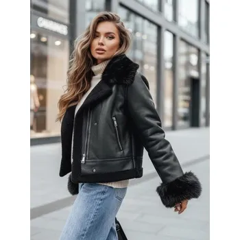 Dámská casual bunda Dámská koženková bunda s kožešinou, černá