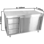 G.Gastro Pracovní skříňka ECO z nerezové oceli - 1,6 m - se 3 šuplíky vlevo a obkladovým panelem