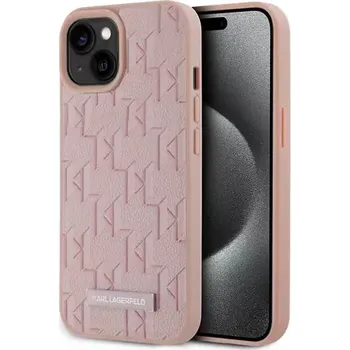 Pouzdro na mobilní telefon Karl Lagerfeld PU Leather Monogram Metal Logo Magsafe Zadní Kryt pro Apple iPhone 15 růžová (57983120044)
