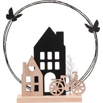 Vánoční dekorace Autronic Kruh s domečky - kov a dřevo, LED osvětl., přírodně-černá, sada 2 ks