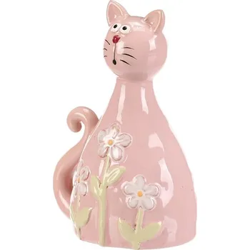 Autronic Kočka - keramická figurka, dekor květin, vel. M, růžová, sada 3 ks