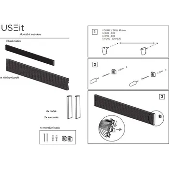 Nábytkové kování Nástěnný program Useit hliníkový profil černý - 1200 mm