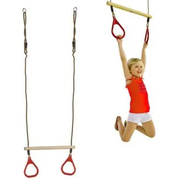 Dětská houpačka Jipos Tools Dřevěná hrazda s plastovými kruhy, lano PP10 JIPOS