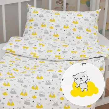 Povlečení Dětské bavlněné povlečení do postýlky Sandra SA-725 Medvídci na žluto-šedých mráčcích na bílém Do postýlky 90x130 a 40x60 cm