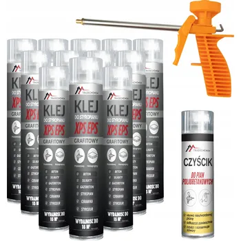 Průmyslové lepidlo SADA 12x GRAFITOVÉ PUR PĚNY NA POLYSTYREN, PĚNOVÉ LEPIDLO, ČISTIČ, PISTOLE