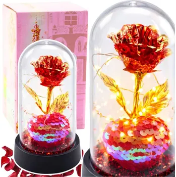 Věčná Křišťálová Růže v Kopuli s LED Osvětlením se Srdíčkem 14x8cm