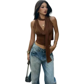 Dámské oblečení Dámské tílko jednobarevné Výstřih do V Široká ramínka Šátek kolem krku Polyester bavlna elegantní letní top hnědá L