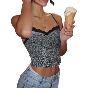Dámské tílko leopardí vzor Výstřih do O s mašličkou a krajkou Tenká ramínka Polyester spandex letní elastický top černá L