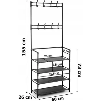 Věšák VĚŠÁK NA OBLEČENÍ S POLICEMI HANI ČERNÝ STOJACÍ ŠATNA SKŘÍŇ NA BOTY