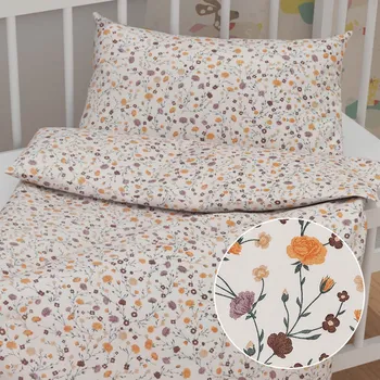 Povlečení Dětské bavlněné povlečení do postýlky Sandra SA-720 Oranžovo-hnědo-béžové drobné květiny na smetanovém Do postýlky 90x140 a 40x60 cm