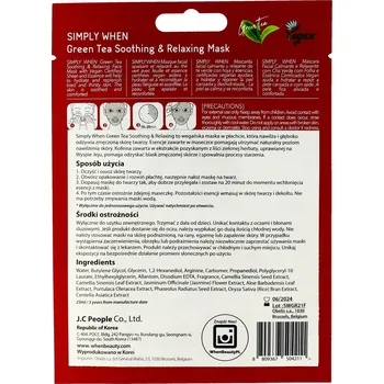 Pleťová maska Zklidňující relaxační maska Simply When Vegan Green Tea