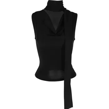 Dámské tílko jednobarevné Výstřih do V Široká ramínka Šátek kolem krku Polyester bavlna elegantní letní top černá M